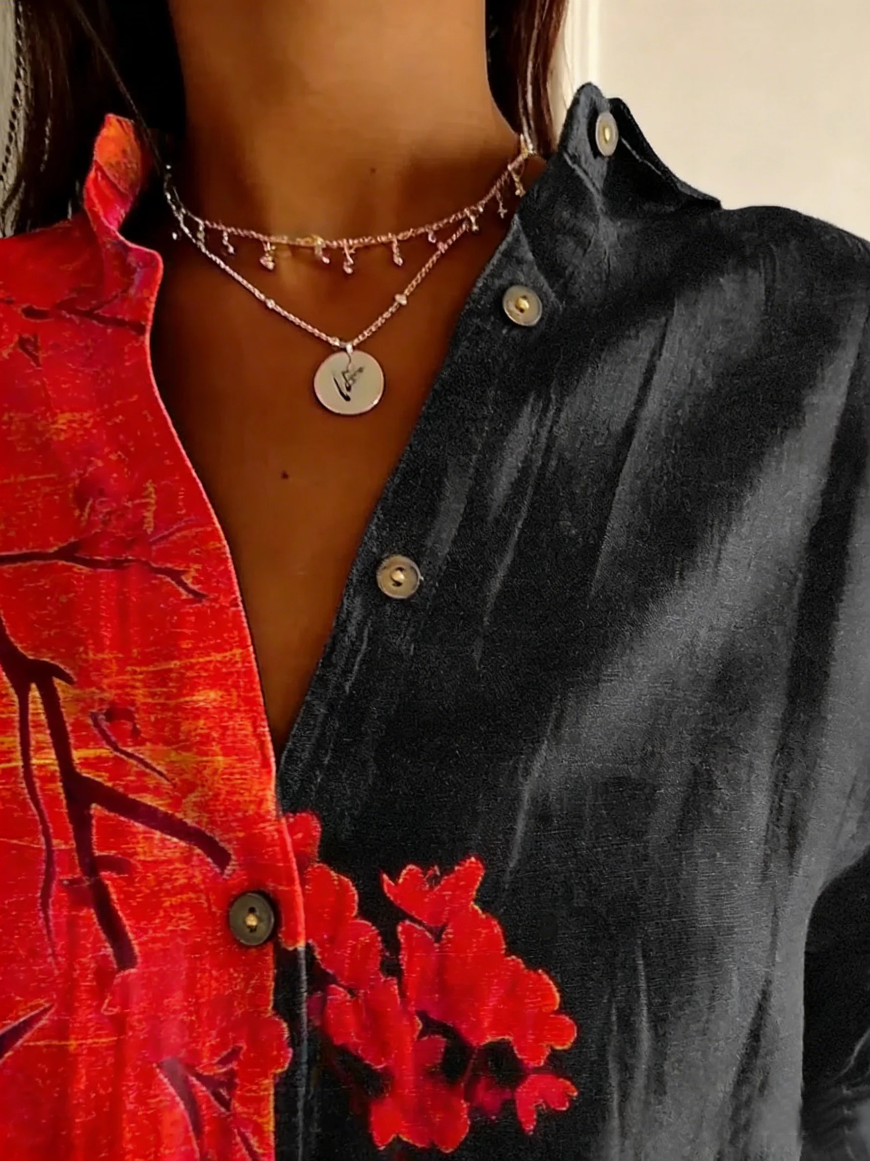 Schalkragen Langarm Geblümt Regelmäßig Weit Bluse für Damen