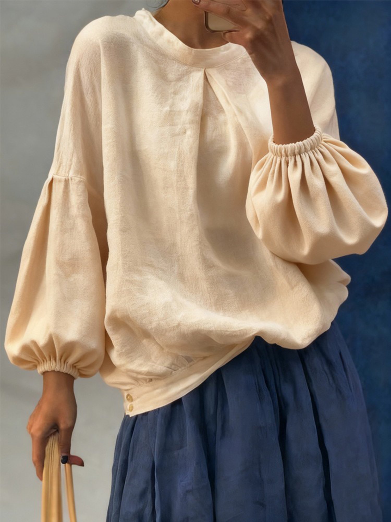 Stehkragen Langarm Unifarben Regelmäßig Weit Bluse für Damen