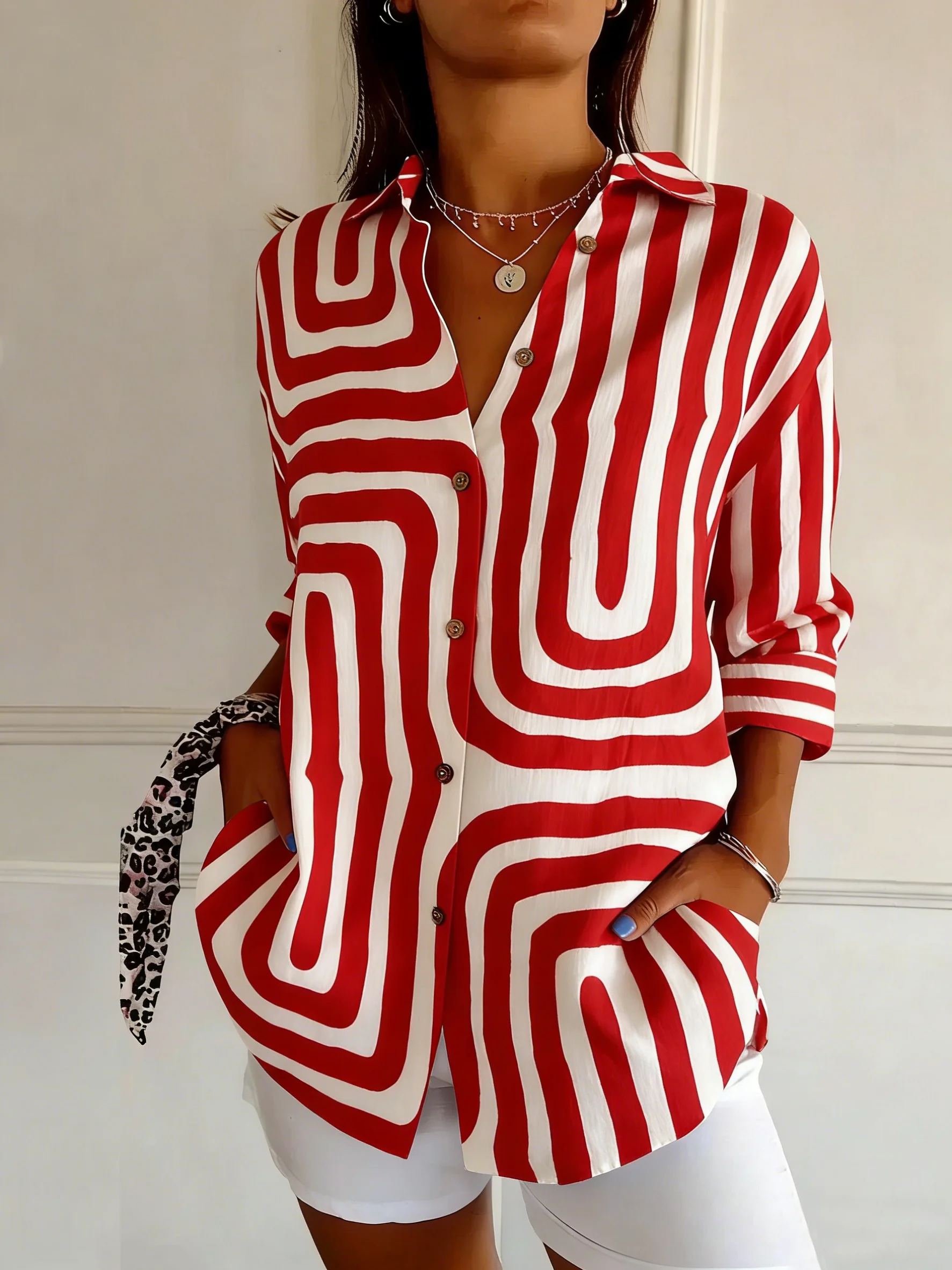 Schalkragen Langarm Gestreift Regelmäßig Weit Bluse für Damen