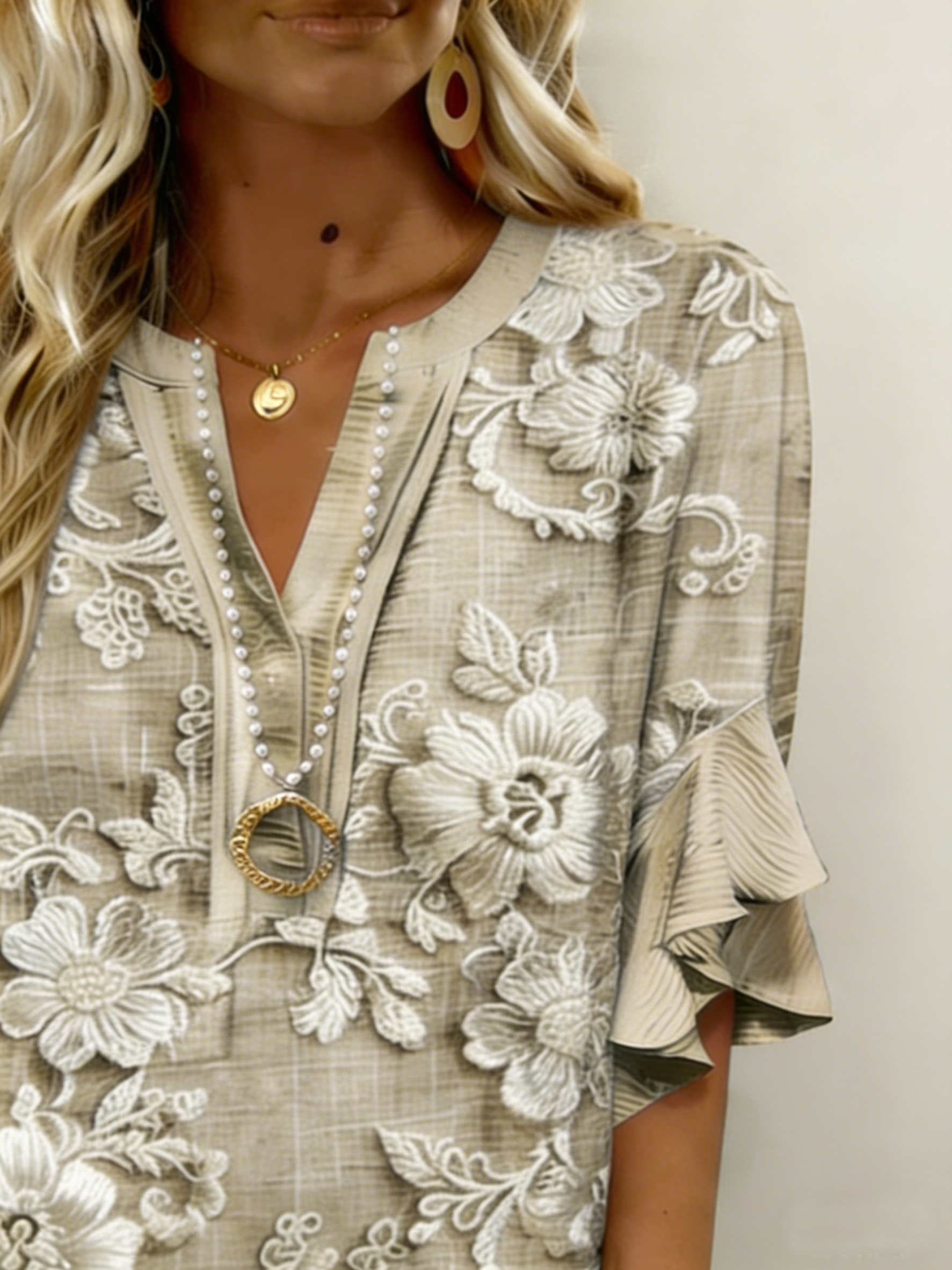 Lässig Geblümt V-Ausschnitt Halbarm T-Shirt