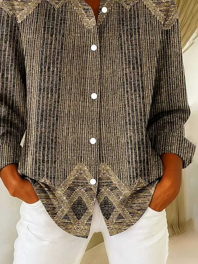 Hemdkragen Normale Ärmel Langarm Abstrakt Schnalle Regelmäßig Weit Knopfhemd Bluse für Damen