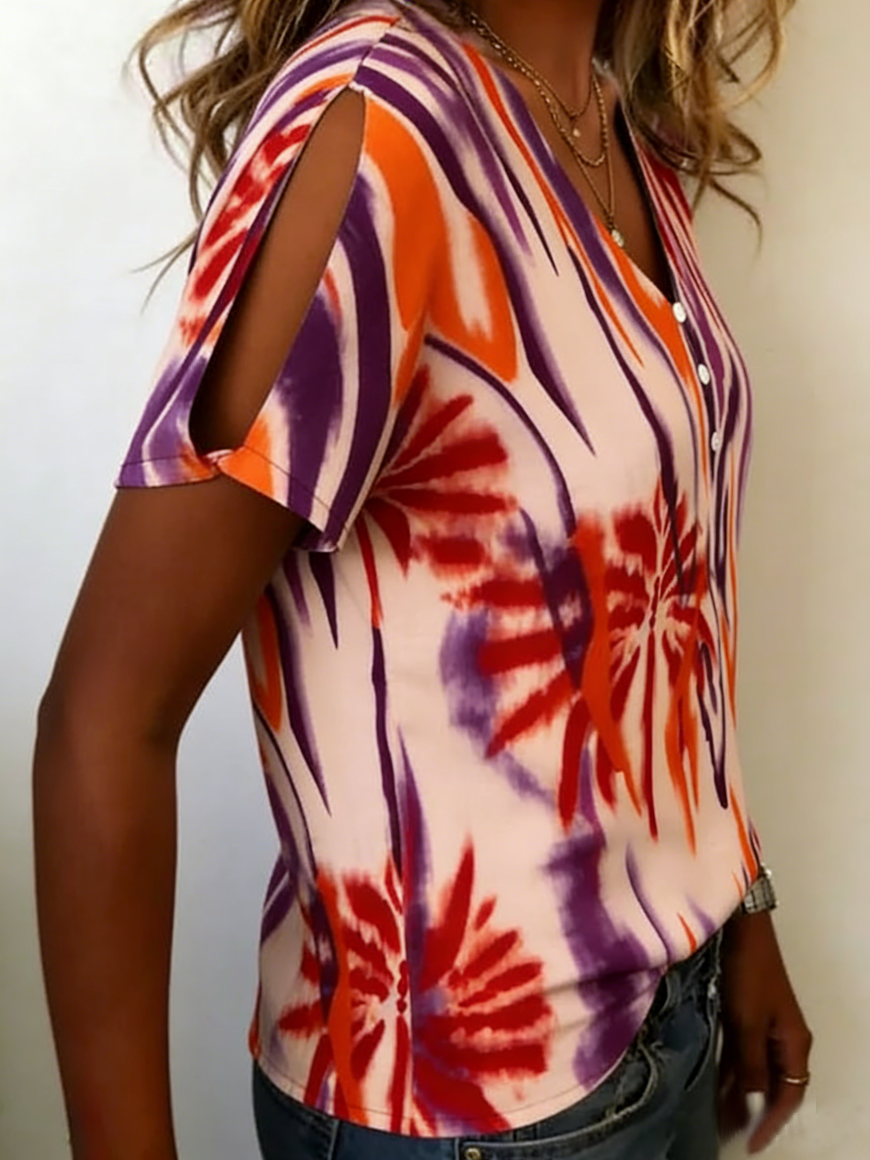 Lässig Abstrakt V-Ausschnitt Kurzarm T-Shirt