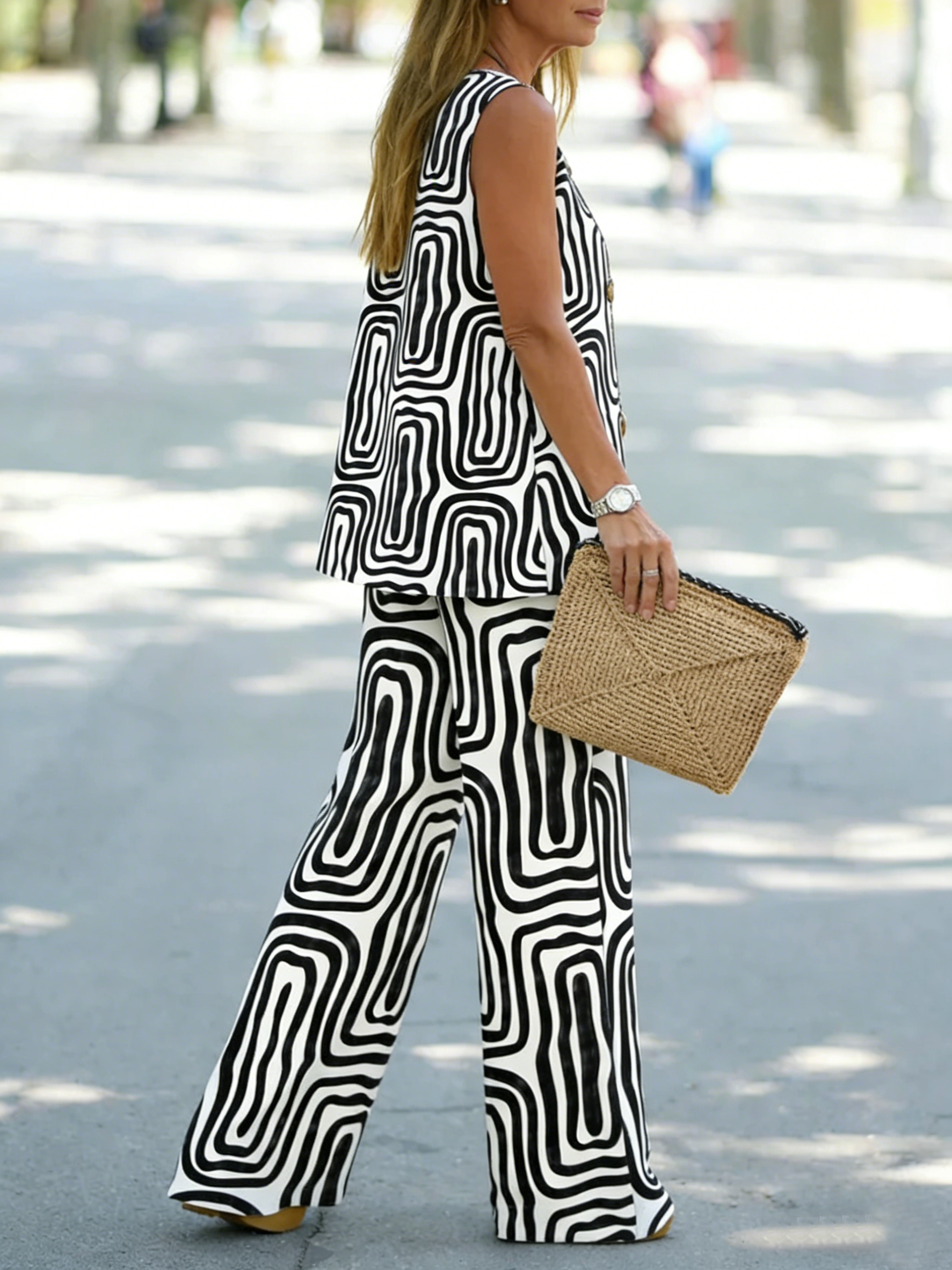 Damen abstrakte Streifen Zweiteiliges Set Täglich Ärmellos Lässig Sommer Bluse mit Hose Matching Set