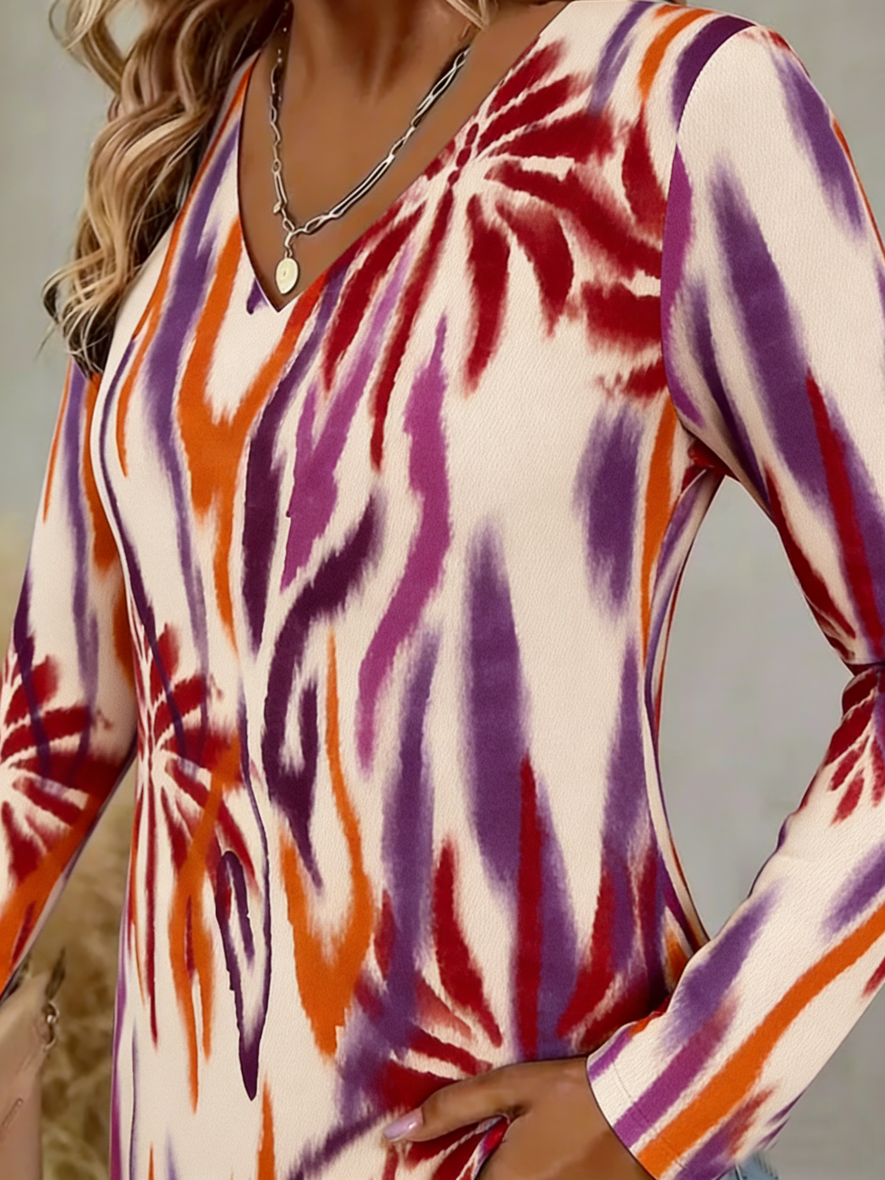 Lässig Abstrakt V-Ausschnitt Langarm T-Shirt