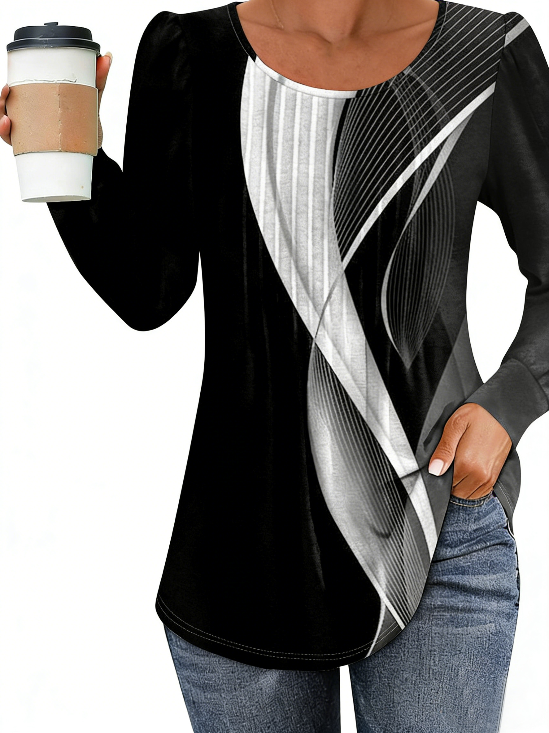 Lässig Gestreift Rundhals Langarm T-Shirt