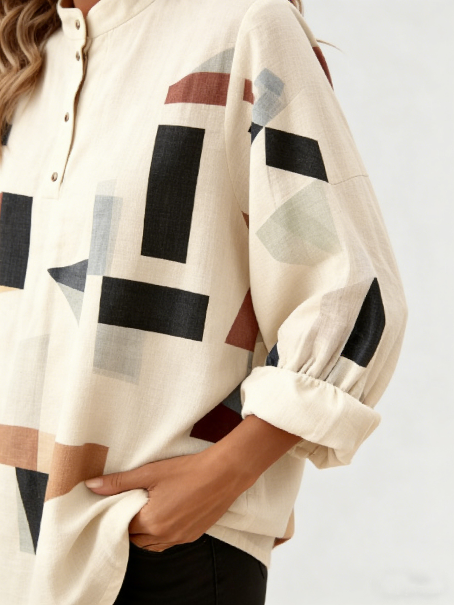 Stehkragen Langarm Geometrisch verdicken Weit Bluse für Damen