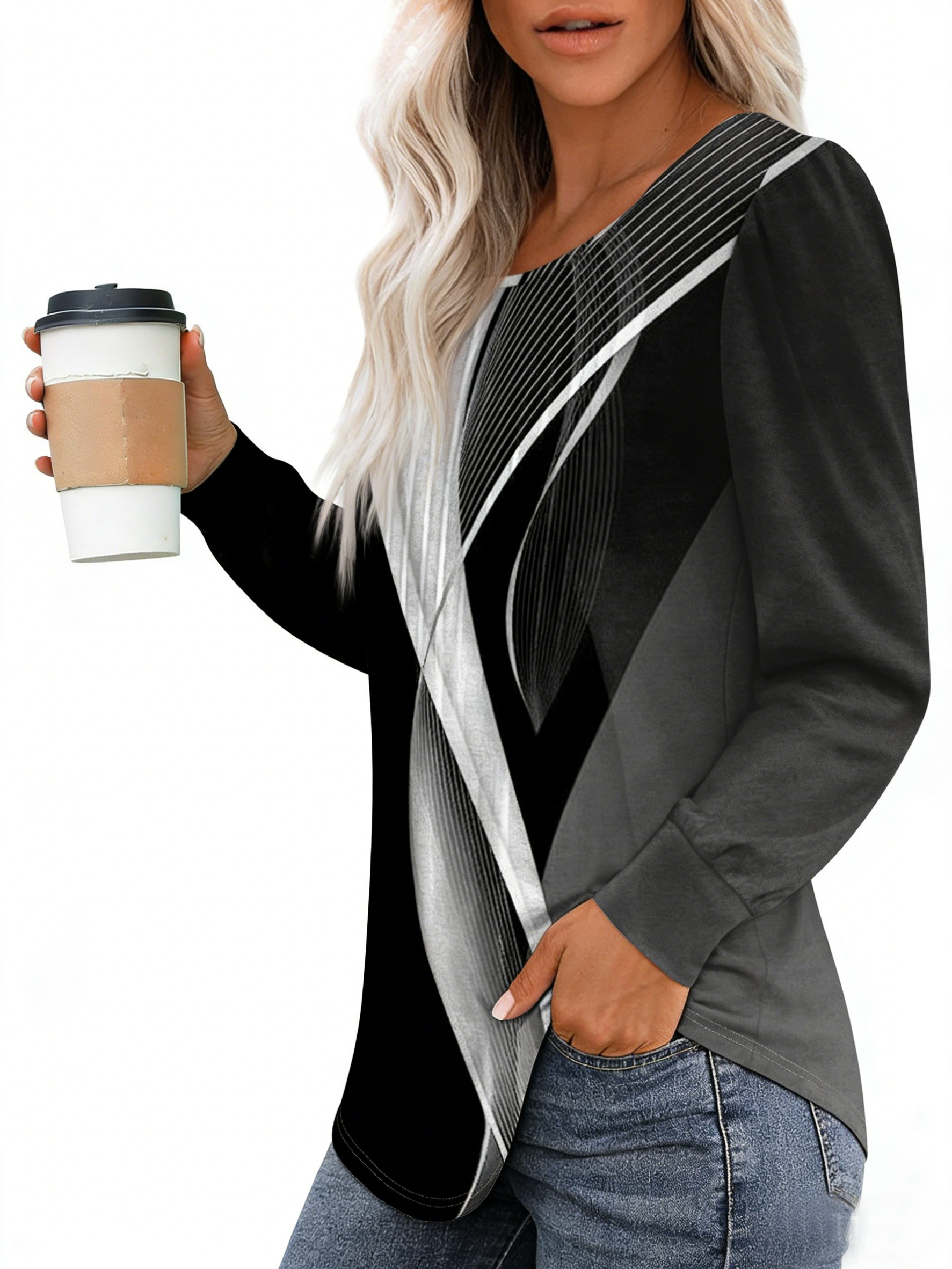 Lässig Gestreift Rundhals Langarm T-Shirt