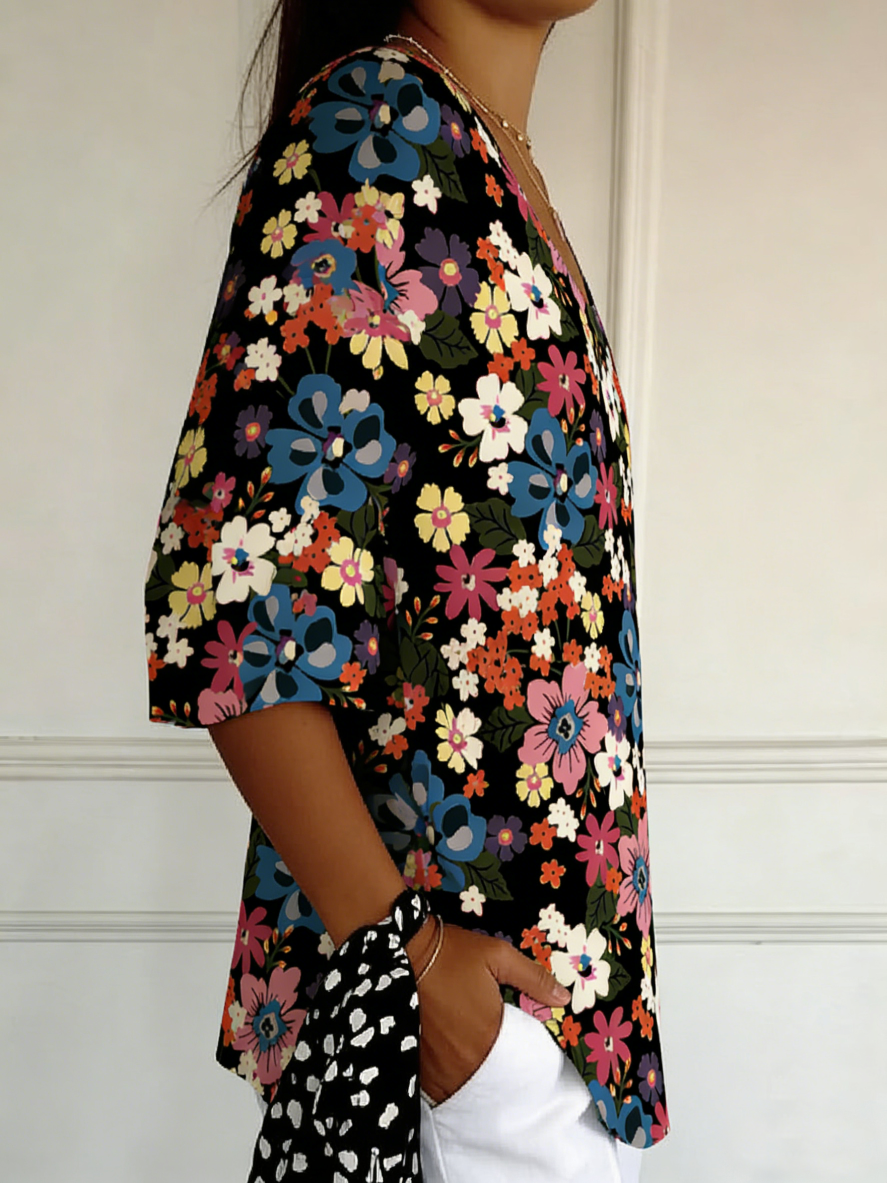 Lässig Blumenmuster V-Ausschnitt Dreiviertelärmel T-Shirt