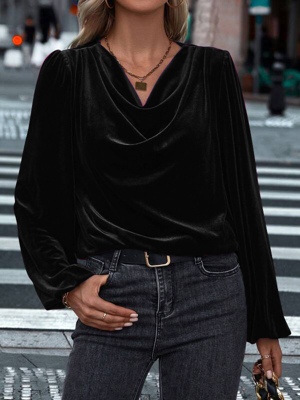 Wasserfallausschnitt Langarm Unifarben Regelmäßig Mikroelastizität Weit Bluse für Damen