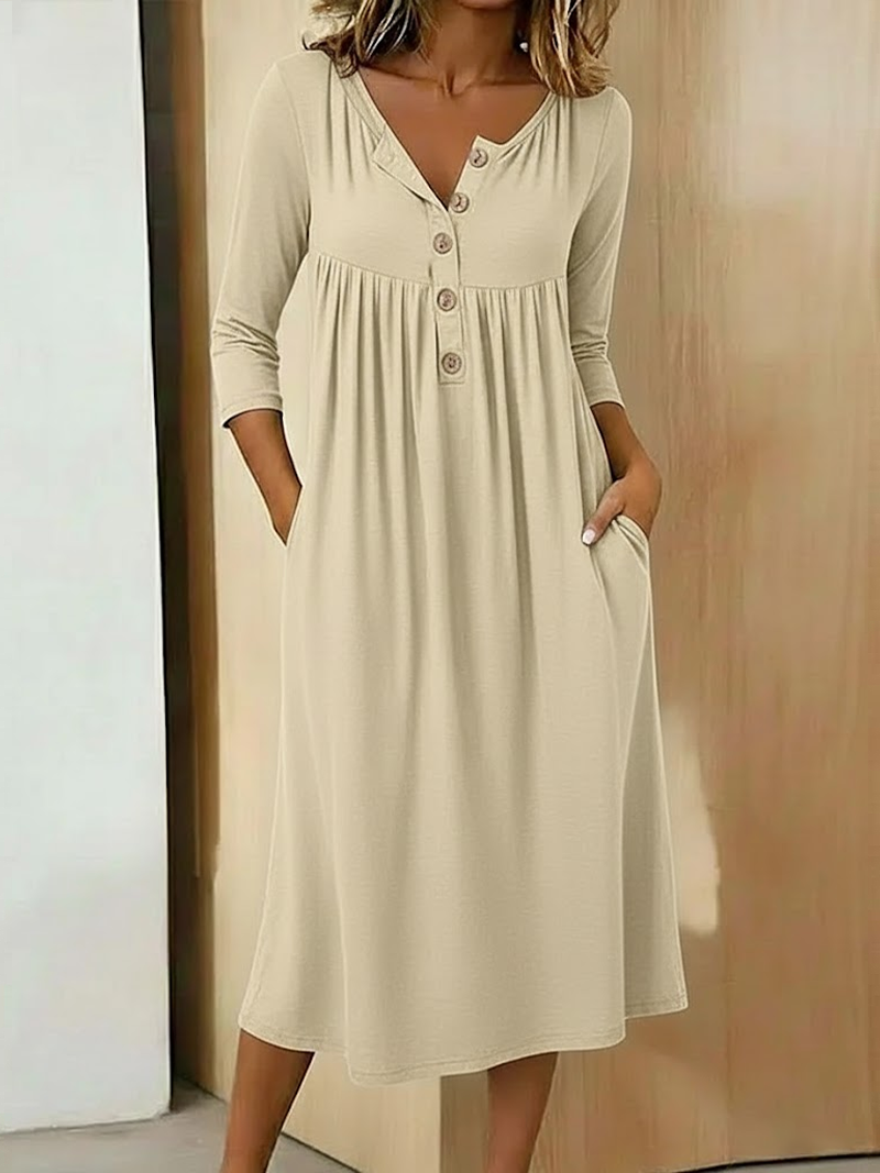 Damen Unifarben Sommer Kleid Halb offener Kragen Halbarm A-Linien-Kleid