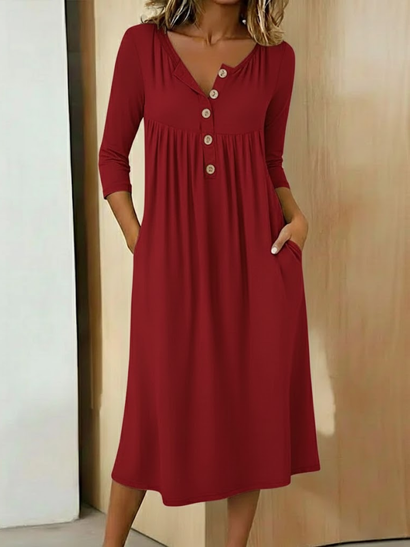 Damen Unifarben Sommer Kleid Halb offener Kragen Halbarm A-Linien-Kleid