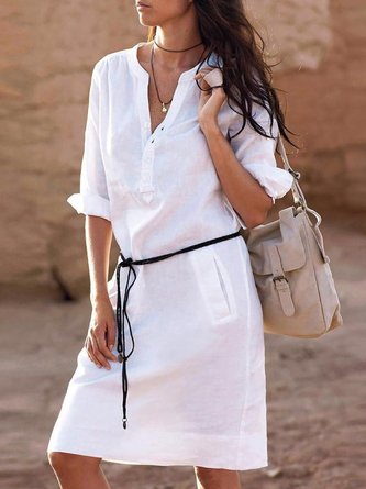 Damen SommerKleid mit Stehkragen Halbarm Taschen Unifarben