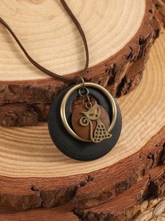 Retro Hölzerne Katzenmuster Geometrisch Pendant Halskette Damen Böhmisch Pullover Kette