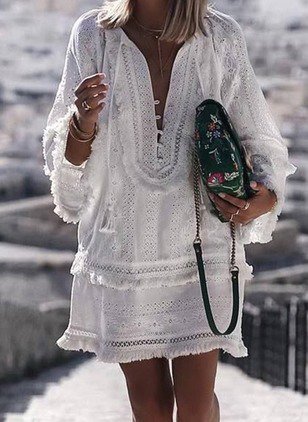 Langarm V-Ausschnitt Lässig Urlaub Kleid