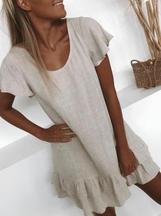 Große Größen Lässig U-Kragen Unifarben Kurzarm Mini Weberei Kleid
