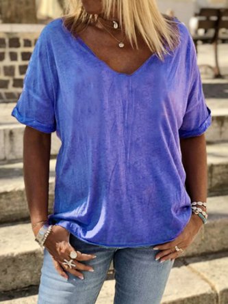Unifarben Baumwollmischung V-Ausschnitt Lässig T-Shirt