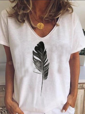 Weiß V-Ausschnitt Print Lässig Baumwollmischung T-Shirt