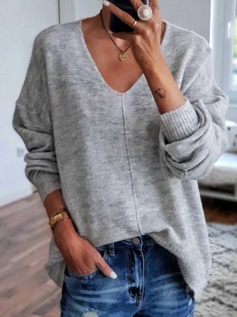 Unifarben Langarm Sanft Warm V-Ausschnitt Pullover  Gestrickte Shirt 