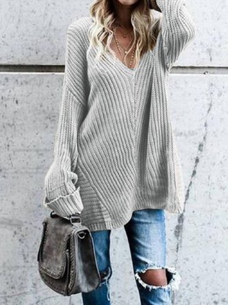 Lässiger V-Ausschnitt Pullover aus Baumwollgemisch