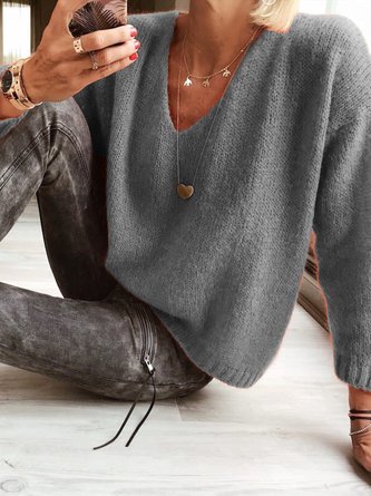 Unifarben Gestrickt Pullover V-Ausschnitt mit V-Ausschnitt Langarm für Damen 2023 Noracora
