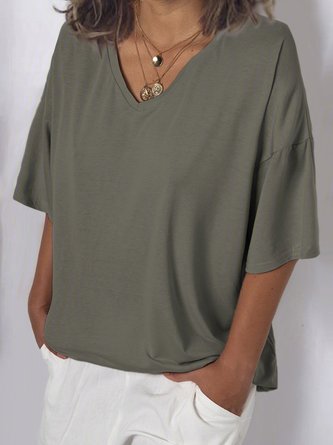 Damen V-Ausschnitt Baumwolle T-Shirt Bluse Tunika