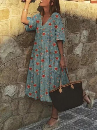 Retro Große Größen Damen Kurzarm V-Ausschnitt Blumenmuster Freizeitkleid