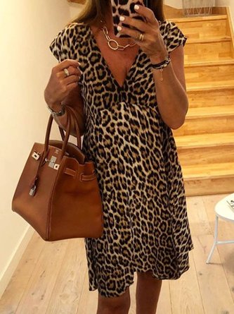 Leopard Kurzarm V-Ausschnitt Print Kleider
