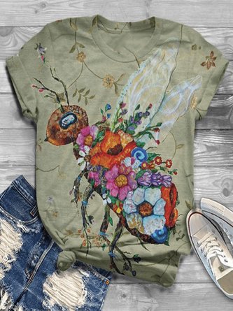 Retro Kurzarm Individualität Biene Blumenmuster Rundhals Große Größen Lässig Blusen&Shirts