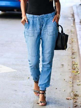 Blau Baumwolle Lässig Tunnelzug Patchwork Jeans