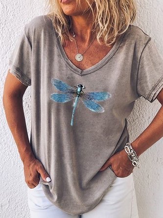 Baumwolle V-Ausschnitt Lässig T-Shirt