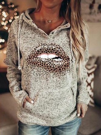 Grau Leopard Lippe Taschen Kapuze Langarm Baumwolle Sweatshirts