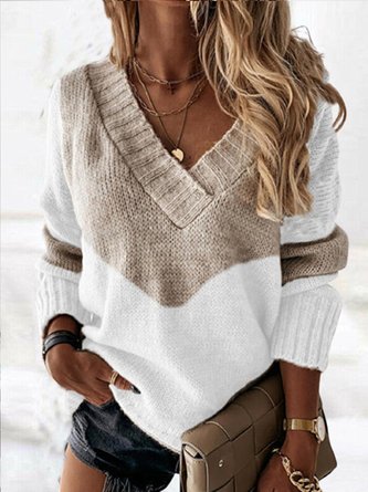 Langarm V-Ausschnitt Lässig Baumwollmischung Pullover