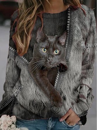 Rundhals Lässige Kratzen Süß Katze Bestickt Weit Warm  Shirt Sweatshirt