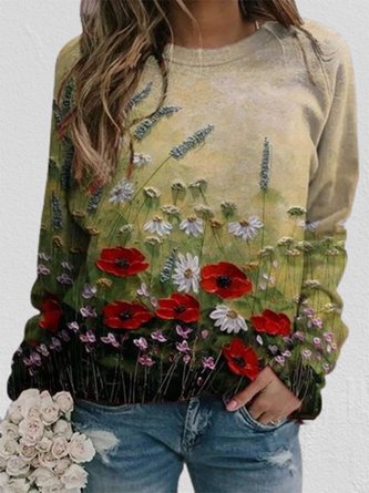 Damen Kattun Print Sweatshirts mit Rundhals