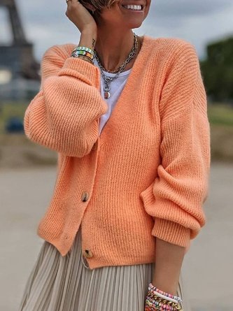 Lässig Herbst Unifarben V-Ausschnitt Acryl Mittler Täglich Langarm Pullover für Damen