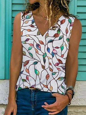 V-Ausschnitt Retro Bluse mit Blätter Print