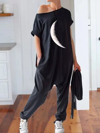 Einfach Polyester Baumwolle Rundhals Kurzarm Jumpsuit