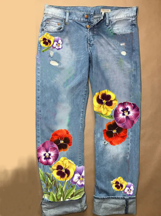 Baumwolle Normal Geblümt Jeans