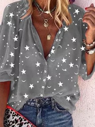 Grau Stern Mond Print Stehkragen Halbarm Lässig Normal Blusen & Shirts