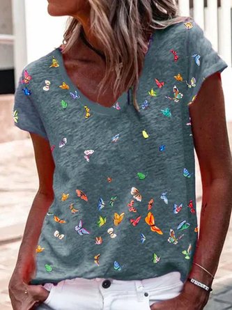 Schmetterling Print T-Shirt Kurzarm Lässiger Stil Noracora