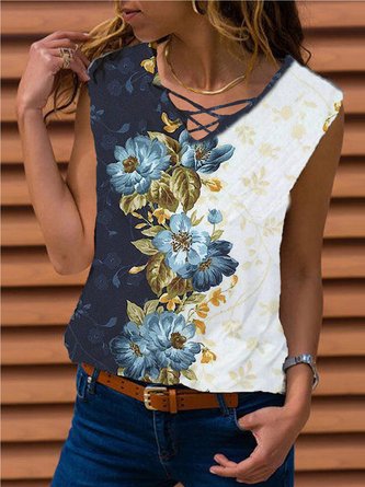 Geblümte Ärmellose Blusen & Shirts mit V-Ausschnitt