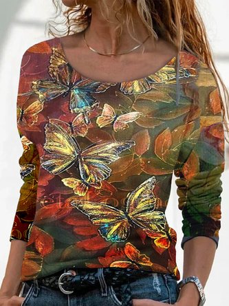 Langarm Rundhals Schmetterling T-Shirt