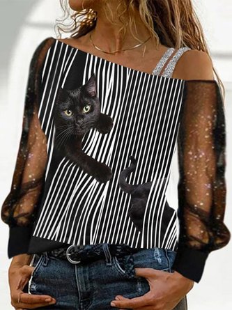 Retro Katze Gestreift Print Langarm Große Größen Lässig Blusen&Shirts