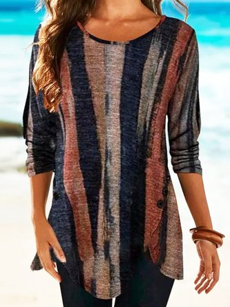 Braun Streifen Print Lässig Langarm Normal Blusen & Shirts