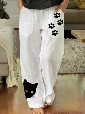 Weiß Katze Print Taschen Normal Lässig Elastische Taille Hosen