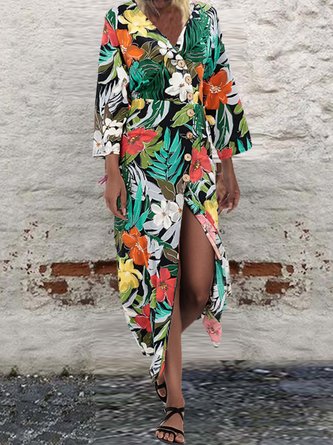 Romantische Baumwollgemische Kleider mit Pflanzen Print
