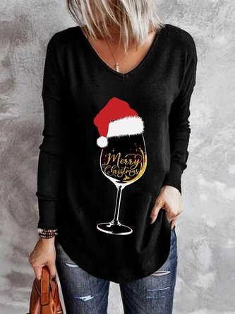 Weihnachten Weihnachten Wein Hüte Langarm V-Ausschnitt Große Größen Print Blusen&Shirts T-Shirts
