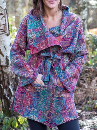 Lässig Ethnisch Frühling Mittler Täglich Langarm Weit Schalkragen Baumwollmischung Mantel für Damen