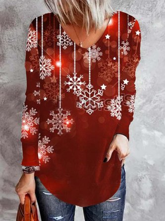 Weihnachten Schneemann V-Ausschnitt Baumwollgemisch T-Shirt