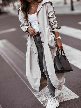 Lässig Unifarben Winter Viskose Täglich Langarm Weit Mit Kapuze Trenchcoat für Damen